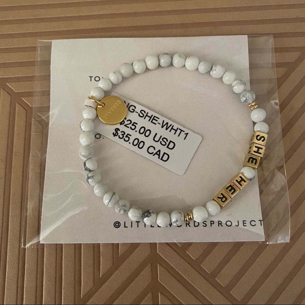 Little Words Project Bracelet She Her Stretch Beaded Gold Marble Neutral Casual